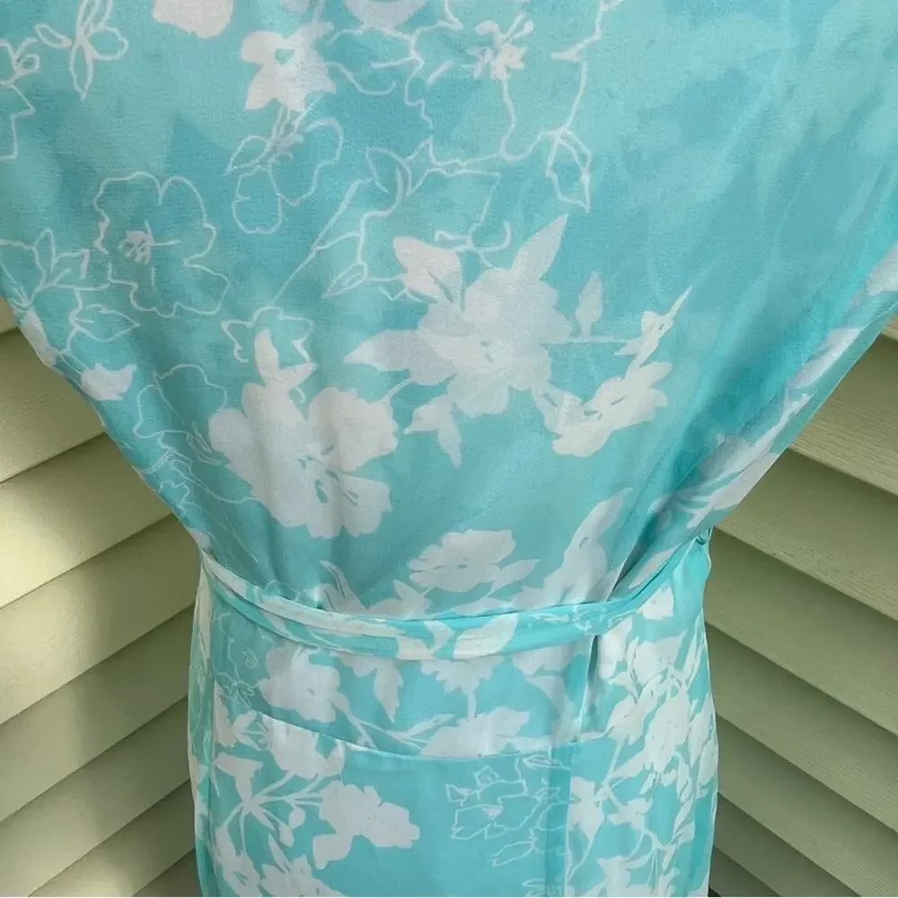 ICE Blue Silk Floral Wrap Dress Pearls Romantic Vintage Y2K Tie Women's Small